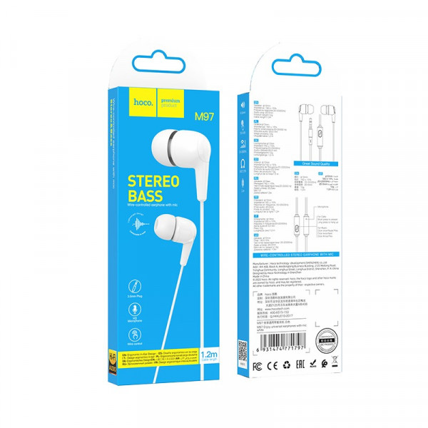 Hoco Handsfree M97 In-ear με Βύσμα 3.5 mm Jack Λευκό