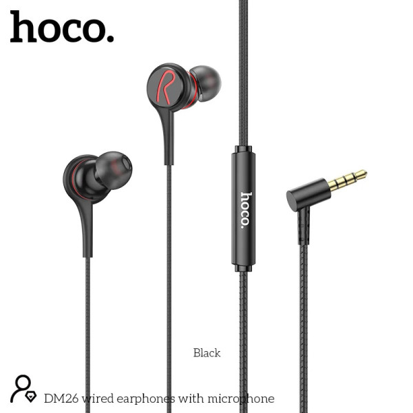 Hoco HandFree DM26 Earphones Stereo 3.5mm Ανάγλυφο Καλώδιο με Elbow Design 1.2m Μαύρα