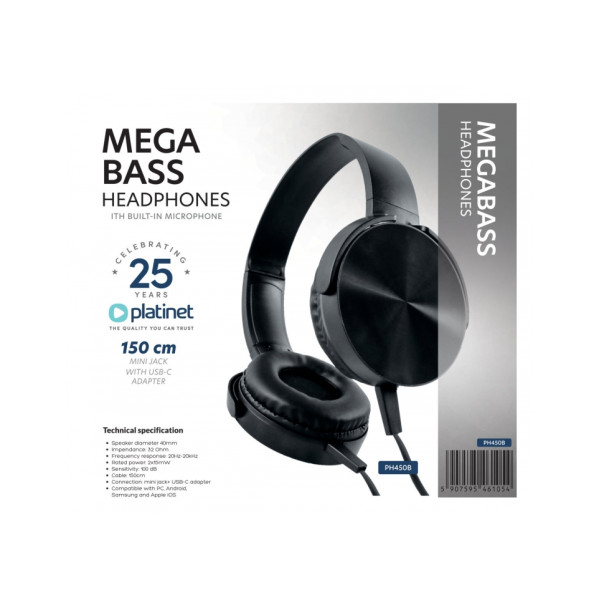Platinet PH450B Headphones Mega Bass 1.5m Jack and Usb-c Adapter Μαύρο Platinet PH450B Headphones Mega Bass 1.5m Jack and Usb-c Adapter Μαύρο