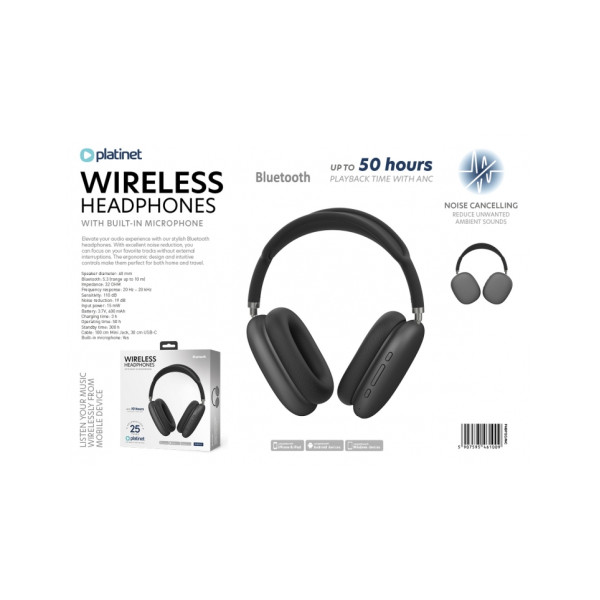 PLATINET WIRELESS HEADPHONES WITH MIC ANC + ENC BLUETOOTH SLIM STYLE GREY (PHB912GANC)
