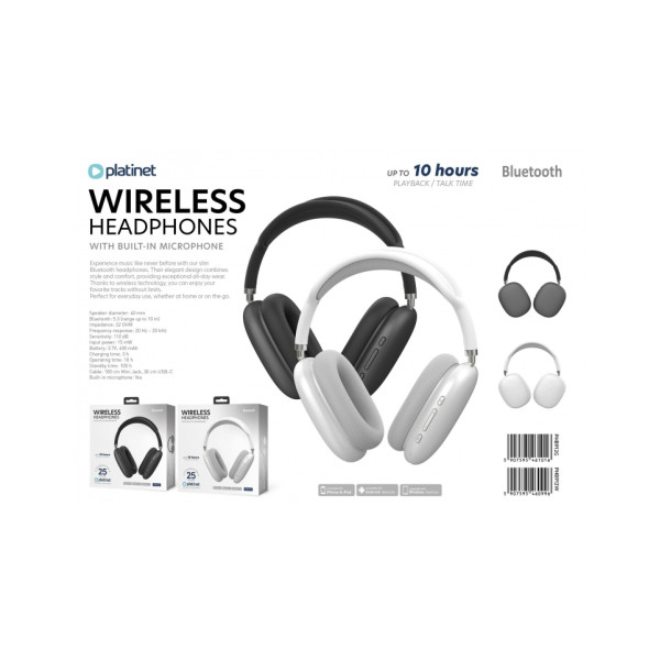 PLATINET WIRELESS HEADPHONES WITH MIC BLUETOOTH SLIM STYLE SILVER-WHITE (PHB912W)