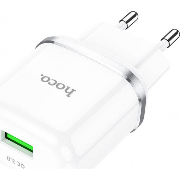 Hoco Φορτιστής με Θύρα USB-A 18W Quick Charge 3.0 Λευκός