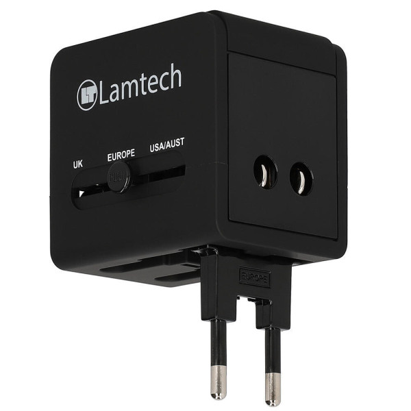 LAMTECH UNIVERSAL TRAVEL ADAPTER WITH 2 USB PORTS AC 6A BLACK