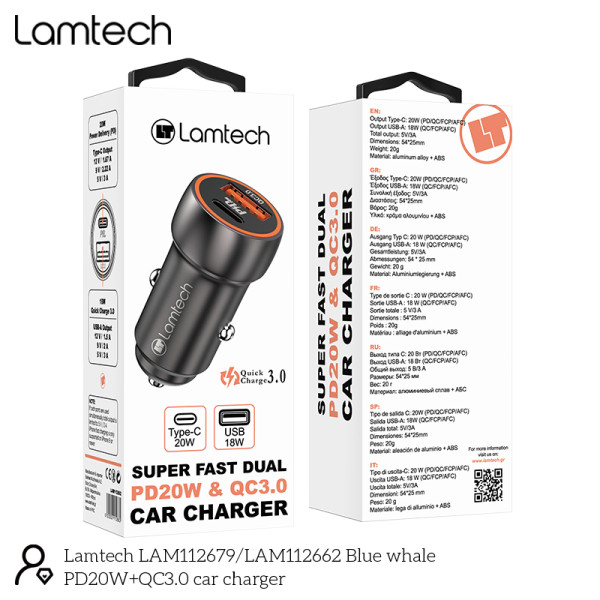Lamtech Φορτιστής Αυτοκινήτου Γκρι Γρήγορης Φόρτισης με Θύρες: 1xUSB 1xType-C