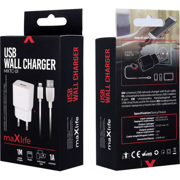 Maxlife Lightning Cable & USB Wall Adapter White MXTC-01