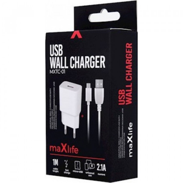 Maxlife Φορτιστής με Θύρα USB-A και Καλώδιο micro USB Λευκός (MXTC-01)