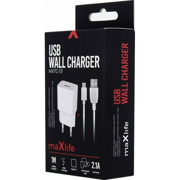 Maxlife Φορτιστής με Θύρα USB-A και Καλώδιο USB-C Λευκός (MXTC-01)