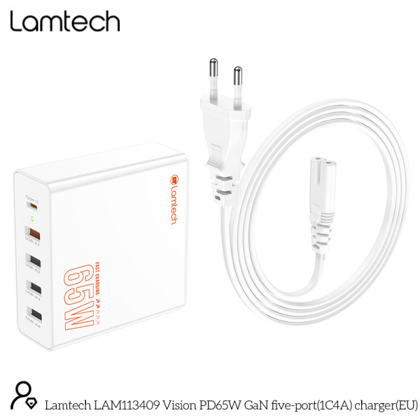 Lamtech Gan Fast Charger 1xType-C & 4xQC3.0 65W & EU Cable 1.5M (LAM113409)