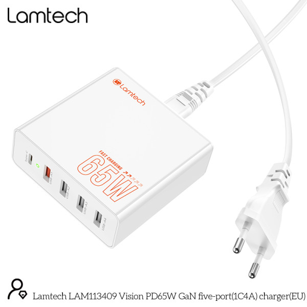 Lamtech Gan Fast Charger 1xType-C & 4xQC3.0 65W & EU Cable 1.5M (LAM113409)