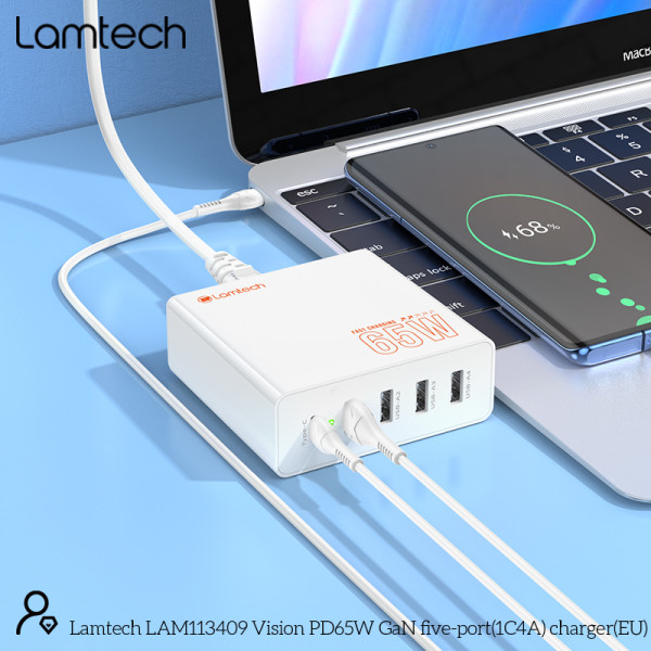 Lamtech Gan Fast Charger 1xType-C & 4xQC3.0 65W & EU Cable 1.5M (LAM113409)