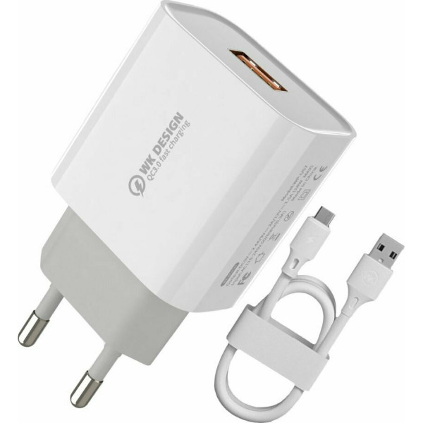 WK Φορτιστής με Θύρα USB-A και Καλώδιο Lightning 18W Quick Charge 3.0 Λευκός (WP-U57)