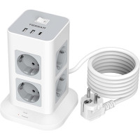 Πολλαπλή πρίζα Τοίχου Tessan 11 in 1 Tower Surge Protector 8xSCHUKO, 2xUSB, 1xTYPE-C, 2M Cable