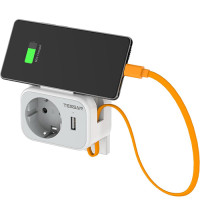 Πολλαπλή πρίζα Τοίχου Tessan 3 in 1 Wall Socket 1xSCHUKO, 1xUSB, 1xTYPE-C CABLE 15CM