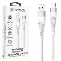 LAMTECH TYPE-C V2,0 HIGH QUALITY UNBREAKABLE CABLE SILVER 2M (LAM450299)