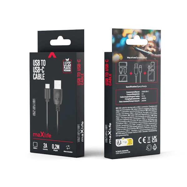 Maxlife USB 2.0 Cable USB-C male - USB-A male Μαύρο 0.2m Maxlife USB 2.0 Cable USB-C male - USB-A male Μαύρο 0.2m
