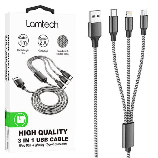 Lamtech High Quality 3 in 1 usb Cable With Metallic Shell Black 1m (LAM450305)