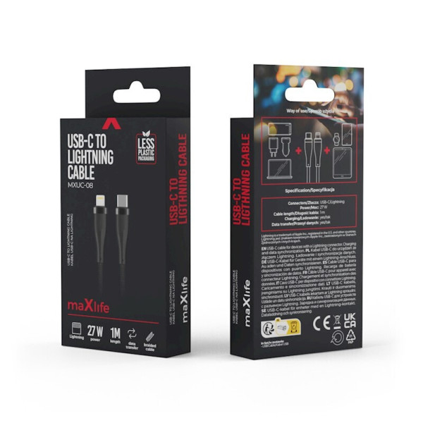 Maxlife USB-C to Lightning Cable 27W Μαύρο 1m (MXUC-08B)