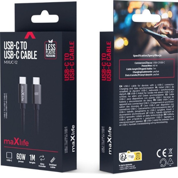 Maxlife USB-C to USB-C Braided Cable 60W 1m MXUC-12 (OEM0101468) Μαύρο