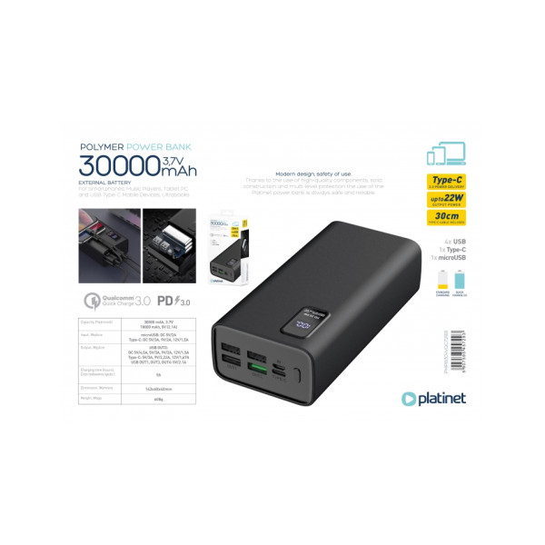 Platinet Power Bank  30000mAh Polymer PD 3.0 QC 3.0 LED Screen Black  