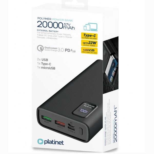 PLATINET POWER BANK 20000 mAh Li-Polymer 2in1 PD 22W LED Screen PMPB20WQC727B