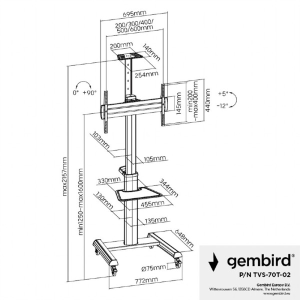 GEMBIRD ALUMINUM TV FLOOR STAND WITH CASTER WHEELS 37′-70′ BLACK GEMBIRD ALUMINUM TV FLOOR STAND WITH CASTER WHEELS 37′-70′ BLACK