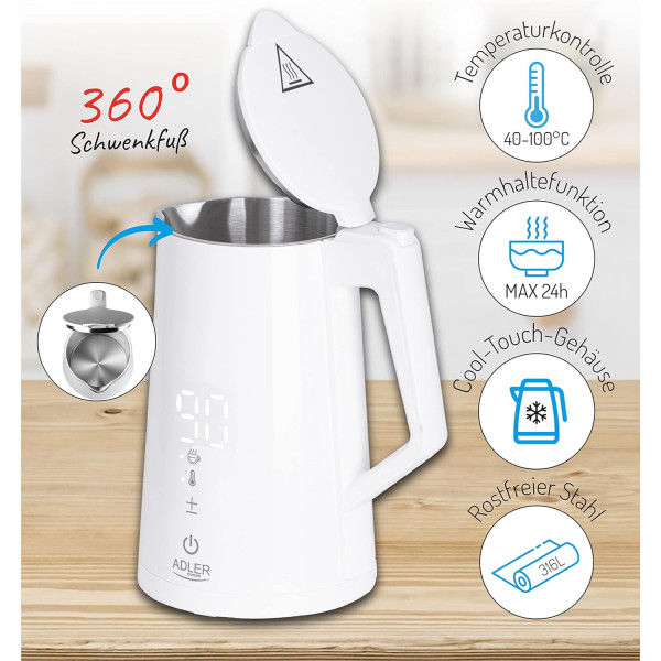ADLER LED ELECTRIC KETTLE WITH TEMPERATURE CONTROL 1.7L STRIX WHITE