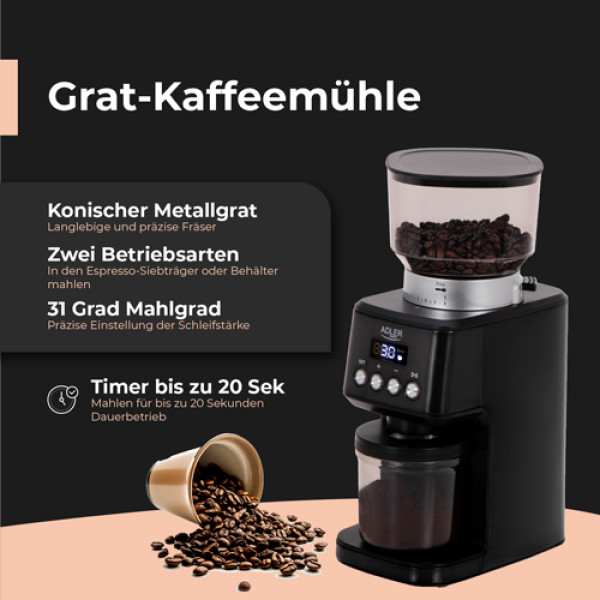 ADLER BURR COFFEE GRINDER 180W BLACK