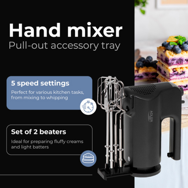 ADLER HAND MIXER WITH A PULL-OUT TRAY FOR ACCESSORIES 550W BLACK