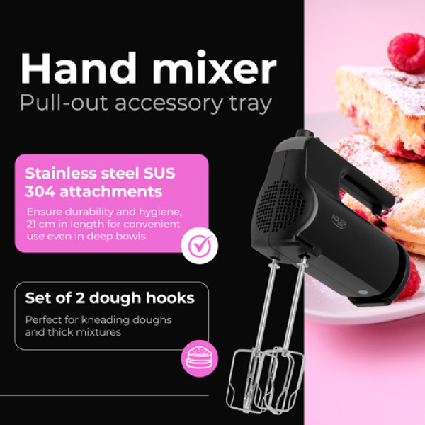 ADLER HAND MIXER WITH A PULL-OUT TRAY FOR ACCESSORIES 550W BLACK