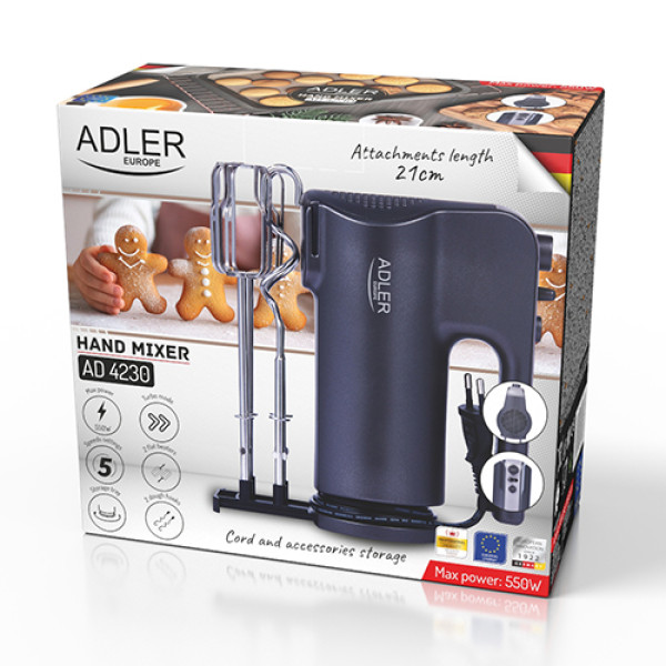 ADLER HAND MIXER WITH A PULL-OUT TRAY FOR ACCESSORIES 550W BLACK