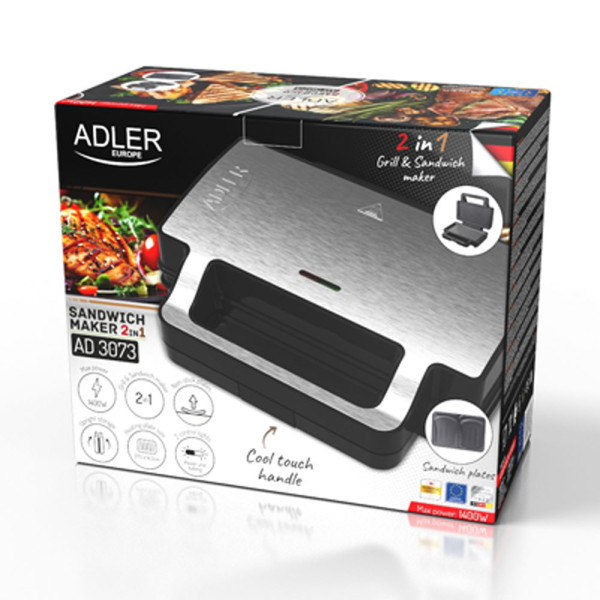 ADLER 2-IN-1 SANDWICH MAKER 1400W BLACK/SILVER