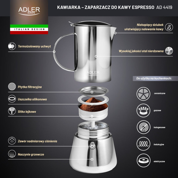 ADLER ESPRESSO COFFEE MAKER 350ML SILVER STEEL