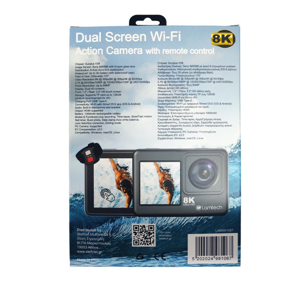LAMTECH 8K EIS DUAL SCREEN WIFI ACTION CAMERA WITH REMOTE CONTROL BLACK